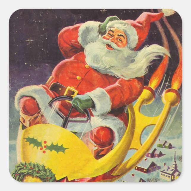 Weihnachten, Weihnachtsmann in einem Raumschiff Quadratischer Aufkleber (Vorderseite)