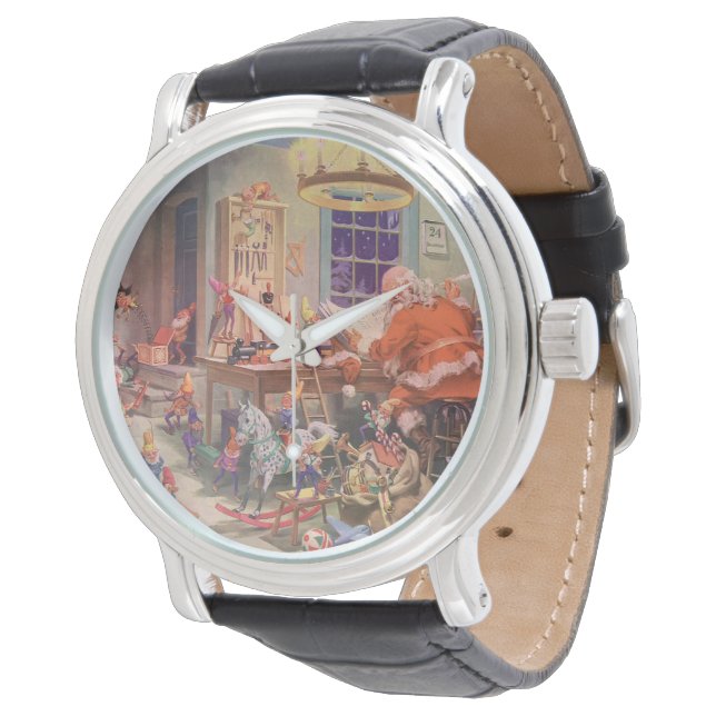 Weihnachten, Weihnachtsmann mit Elfen Workshop Armbanduhr (Schrägansicht)