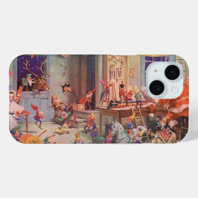 Weihnachten, Weihnachtsmann mit Elfen Workshop iPhone 15 Hülle (Rückseite (Horizontal))
