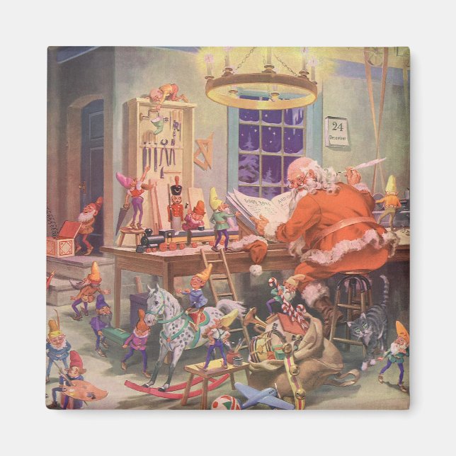 Weihnachten, Weihnachtsmann mit Elfen Workshop Magnet (Vorne)