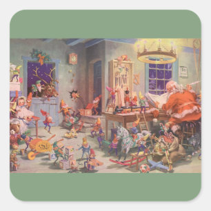 Weihnachten, Weihnachtsmann mit Elfen Workshop Quadratischer Aufkleber