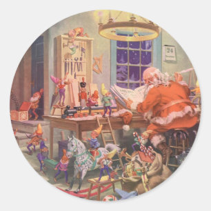 Weihnachten, Weihnachtsmann mit Elfen Workshop Runder Aufkleber