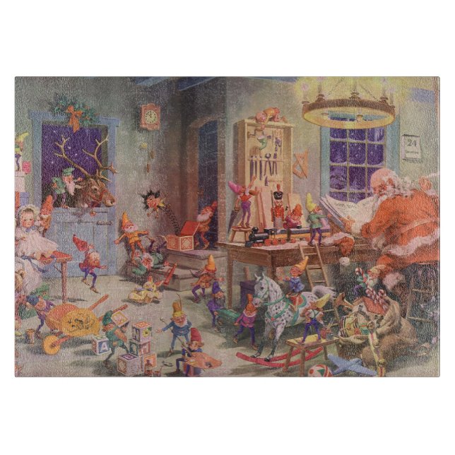 Weihnachten, Weihnachtsmann mit Elfen Workshop Schneidebrett (Vorderseite)