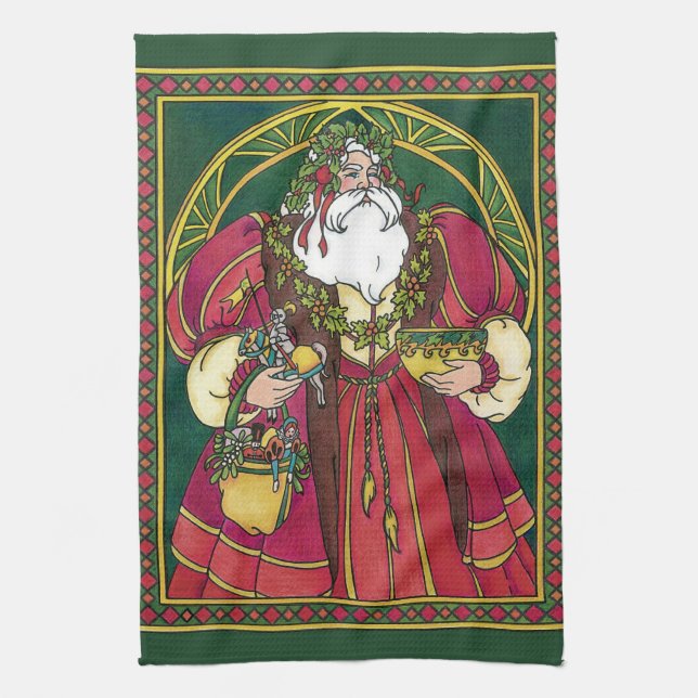 Weihnachten, Weihnachtsmann mit Holly-Blätter Geschirrtuch (Vertikal)