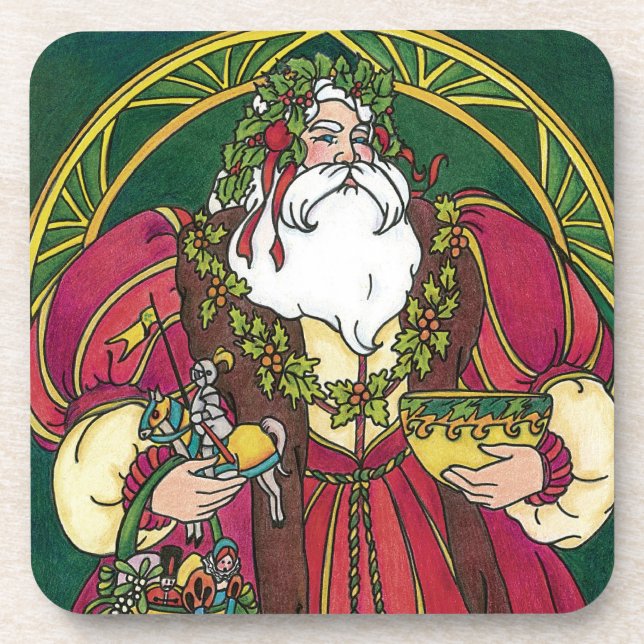 Weihnachten, Weihnachtsmann mit Holly-Blätter Getränkeuntersetzer (Vorderseite)