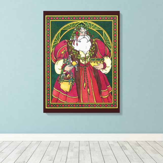 Weihnachten, Weihnachtsmann mit Holly-Blätter Leinwanddruck (Insitu (Holzboden))
