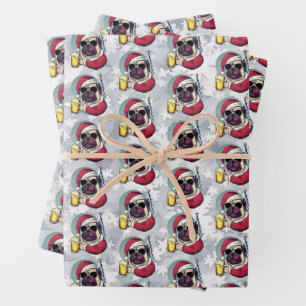 Weihnachten Weihnachtsmann Mops Cooles Bier Geschenkpapier Set