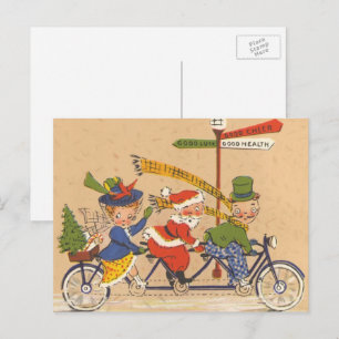 Weihnachten, Weihnachtsmann Reiten mit dem Fahrrad Feiertagspostkarte
