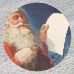 Weihnachten, Weihnachtsmann, Schöne Liste Runder Aufkleber<br><div class="desc">Vintage Illustration Fröhliches Weihnachtsbild mit einem fröhlichen Weihnachtsmann mit seinem roten Hut und Überprüfung seiner frechen oder schönen Liste an Heiligabend.</div>
