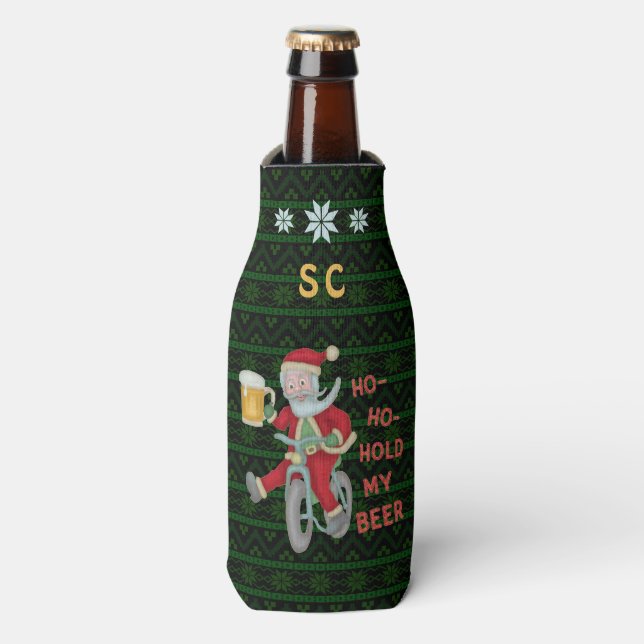 Weihnachten Weihnachtsmann Spaß Bier Mit Monogramm Flaschenkühler (Flaschenvorderseite)