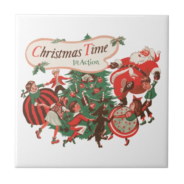 Weihnachten Weihnachtsmann und Tanzkinder Fliese (Vorderseite)