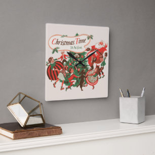 Weihnachten Weihnachtsmann und Tanzkinder Quadratische Wanduhr