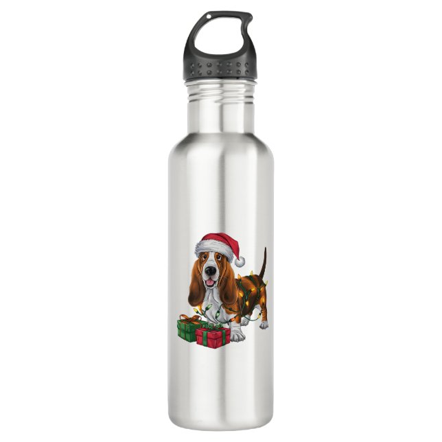 Weihnachten Weihnachtsmannmütze Basset Hund Weihna Edelstahlflasche (Vorderseite)