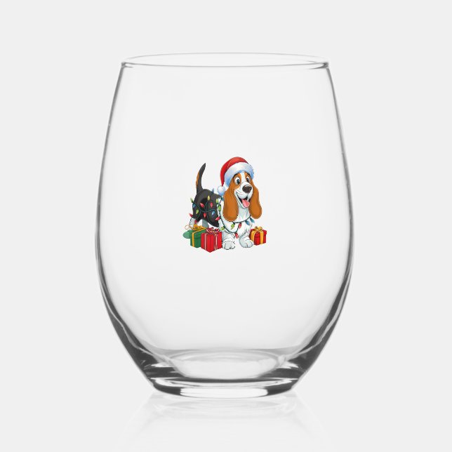 Weihnachten Weihnachtsmannmütze Basset Hund Weihna Weinglas Ohne Stiel (Vorderseite)