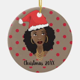 Weihnachten-Weihnachtsmannmütze, Schwarze Frau, r Keramik Ornament