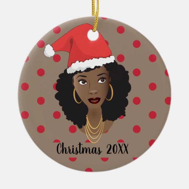 Weihnachten-Weihnachtsmannmütze, Schwarze Frau, ro Keramik Ornament (Vorne)