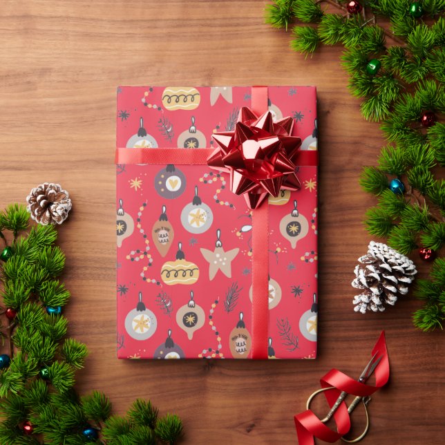Weihnachten - Weiße Ornamente auf Rot Geschenkpapier (Feiertagsgeschenk)