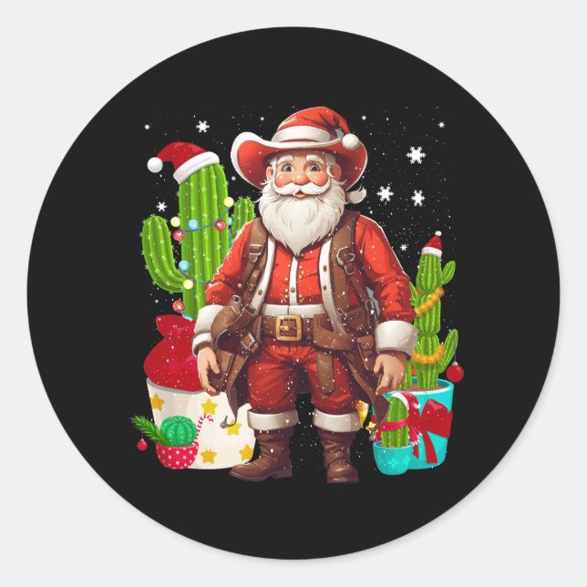 Weihnachten Western Cowboy Weihnachtsmann und kann Runder Aufkleber (Vorderseite)