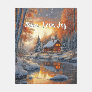 Weihnachten Winter Blockhütte Schnee Fluss Sonne   Fleecedecke