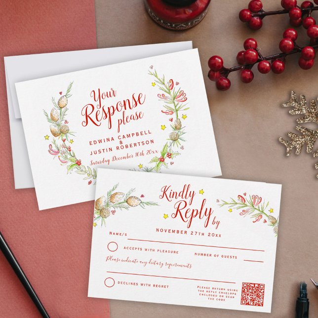 Weihnachten Winter Hochzeit Blumenkranz Kunst QR RSVP Karte (Von Creator hochgeladen)