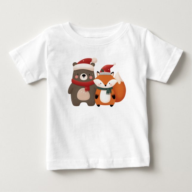 Weihnachten/Winter Niedlicher Bär & Fox Baby T-shirt (Vorderseite)