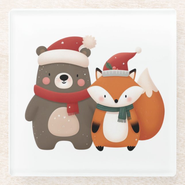 Weihnachten/Winter Niedlicher Bär & Fox Glasuntersetzer (Vorderseite)