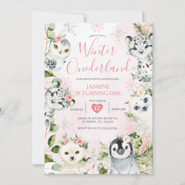 Weihnachten Winter ONEderland Arktische Tiere Blüh Einladung (Vorderseite)