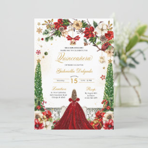 Weihnachten Winter Poinsettia Red Gold Quinceanera Einladung