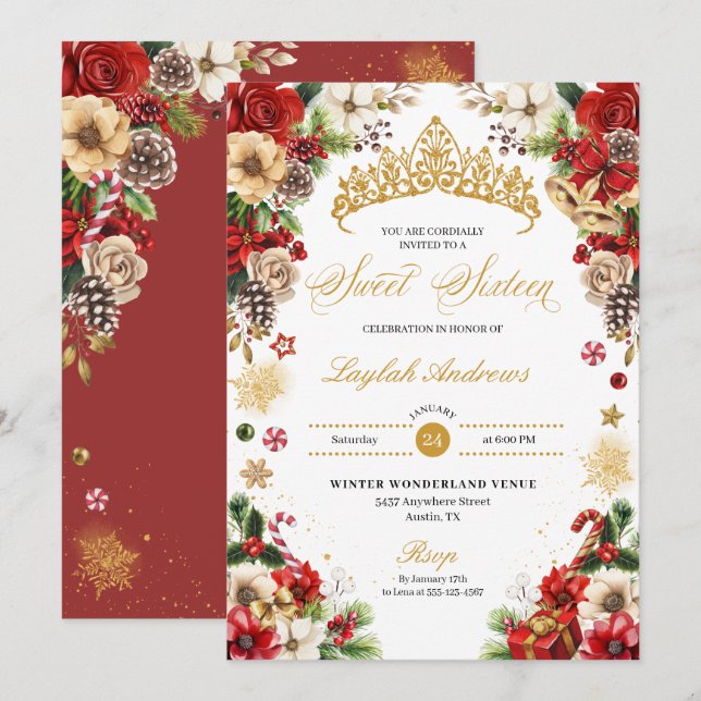 Weihnachten Winter Rot & Gold Poinsettia Süße 16 Einladung (Vorne/Hinten)