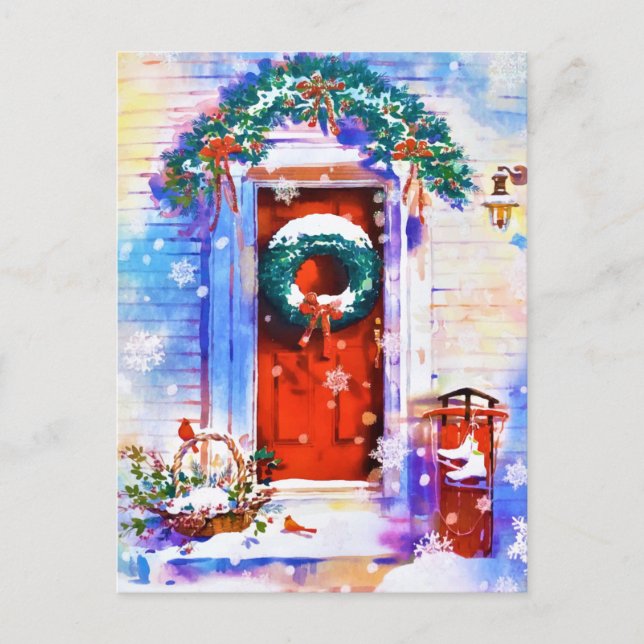 Weihnachten Winter Rote Zuhause Tür Wasserfarbe (Vorderseite)