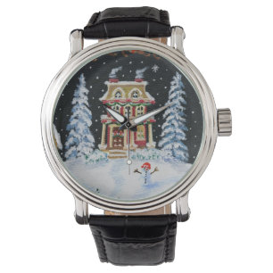 Weihnachten, Winter, Uhr, Schneemann, Haus, Armbanduhr