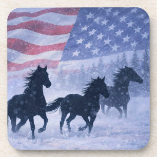 Weihnachten Winter Wilde Pferde Amerikanische Flag Getränkeuntersetzer