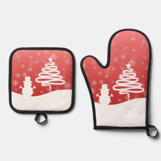 Weihnachten Winter Wonderland Schneemann Baum Ofenhandschuh & Topflappen-Set