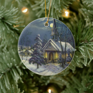 Weihnachten, Winterkirche im Schnee mit dem Mond Keramik Ornament