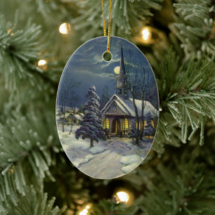 Weihnachten, Winterkirche im Schnee mit dem Mond Keramikornament