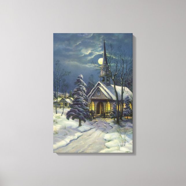 Weihnachten, Winterkirche im Schnee mit dem Mond Leinwanddruck (Vorderseite)