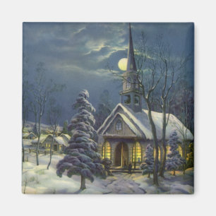 Weihnachten, Winterkirche im Schnee mit dem Mond Magnet
