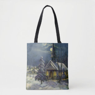 Weihnachten, Winterkirche im Schnee mit dem Mond Tasche