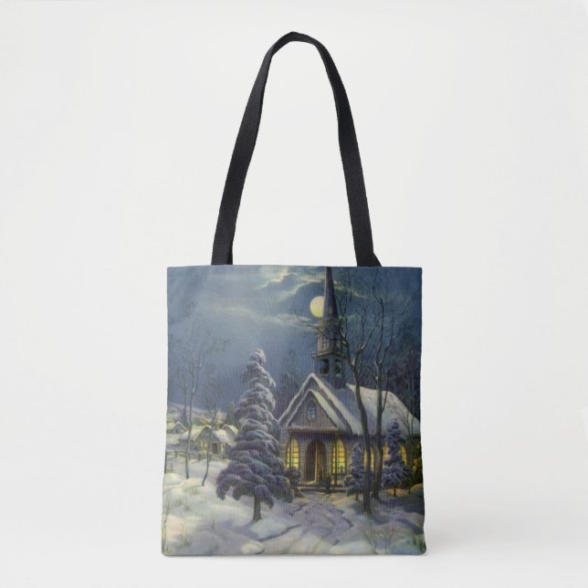 Weihnachten, Winterkirche im Schnee mit dem Mond Tasche (Vorderseite)