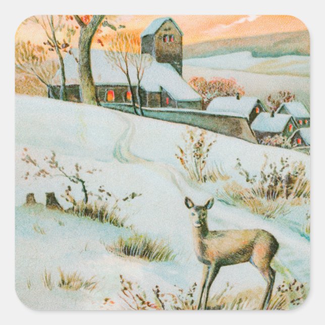 Weihnachten Winterschneelandschaft und Hirschferie Quadratischer Aufkleber (Vorderseite)