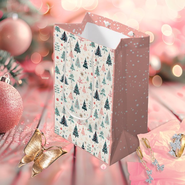 Weihnachten Winterurlaub Abstraktes Baummuster Mittlere Geschenktüte (Christmas Winter Holiday Abstract Tree Pattern Gift Bag - Dk Teal, Lt Teal Blue and Blush Pink)