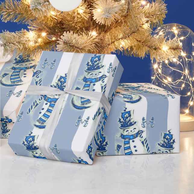 Weihnachten Wrapping Blue & White Strip Snowman Geschenkpapier (Feiertage)