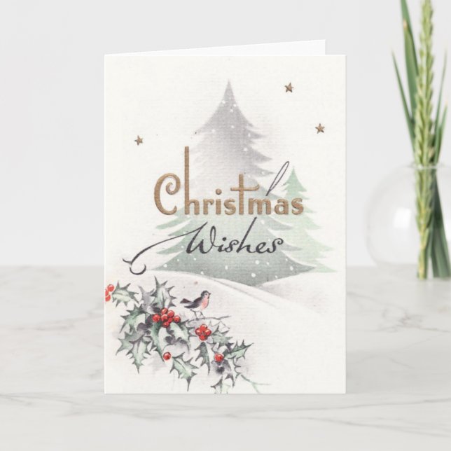 Weihnachten wünscht Tree Bird Holly Star Vintag (Vorderseite)