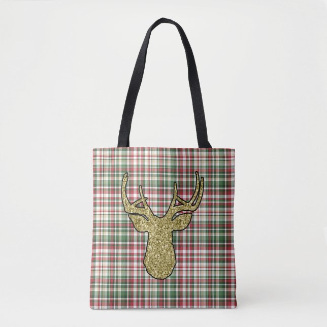 Weihnachten XMAS Kariert Tartan Gold Tote Tasche (Vorderseite)