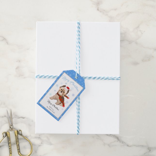 Weihnachten Yorkie in Weihnachtsmannmütze Schneefl Geschenkanhänger (Mit Garn)