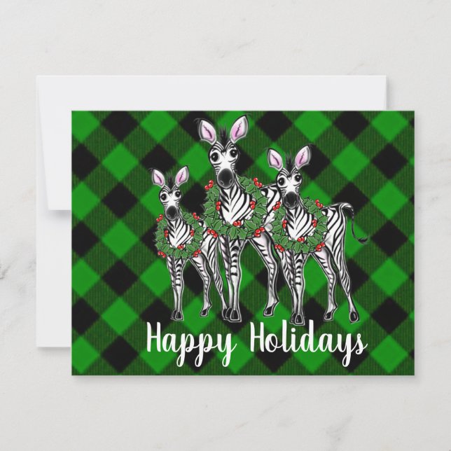 Weihnachten Zebras, Weihnachtskranz, grün kariert Mitteilungskarte (Vorderseite)