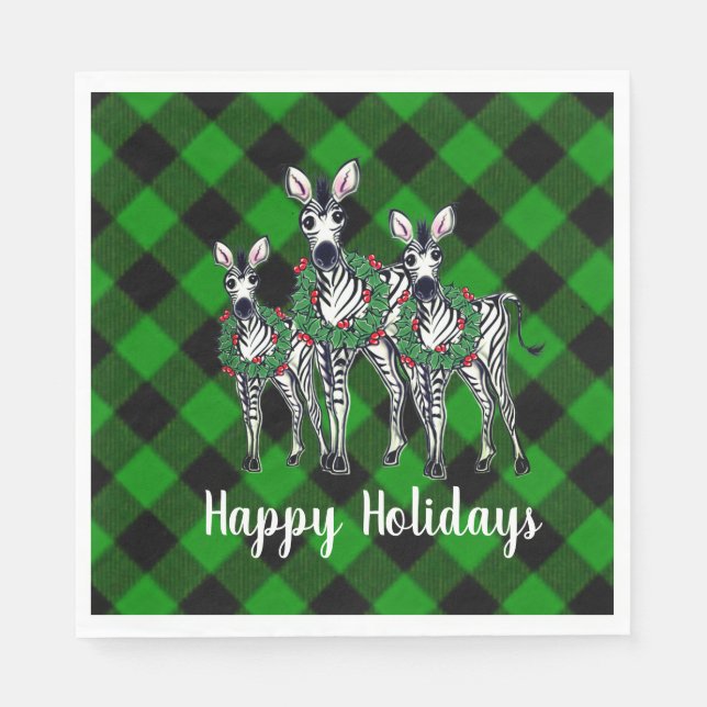 Weihnachten Zebras, Weihnachtskranz, grün kariert Serviette (Vorderseite)