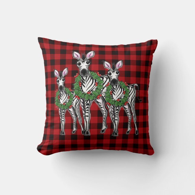 Weihnachten Zebras, Weihnachtskranz, rot kariert Kissen (Vorderseite)