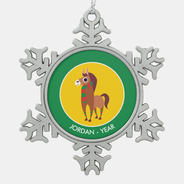 Weihnachten Zora das Pferd Schneeflocken Zinn-Ornament (Vorderseite)