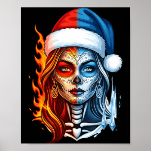 Weihnachten Zucker-Schädel-Kunst Frau Santa-Hut Fa Poster